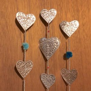 Boho Chic ~ Hammered Tin Hearts w Pom Poms / Beads Danglers x 3